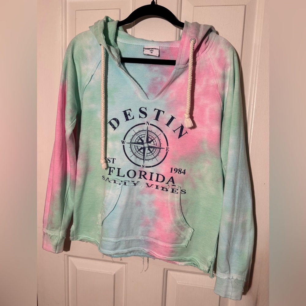 DESTIN Florida Salty Vibes Pink Blue Tie dye Hoodie Pocket Raw Edge Aqua Women M